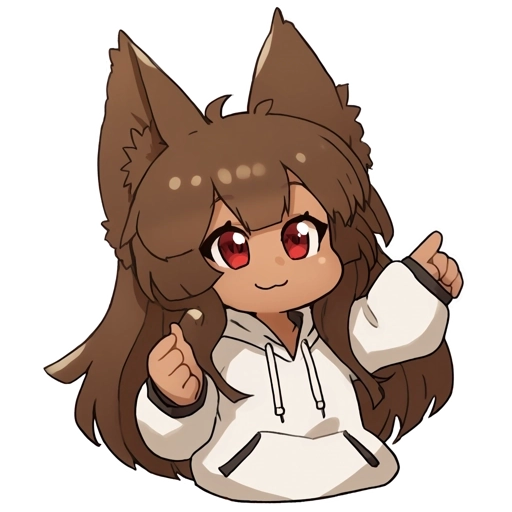 A smiling chibi dark-skinned anthro jackal with brown hair and tall ears looking victorious with a thumbs-up