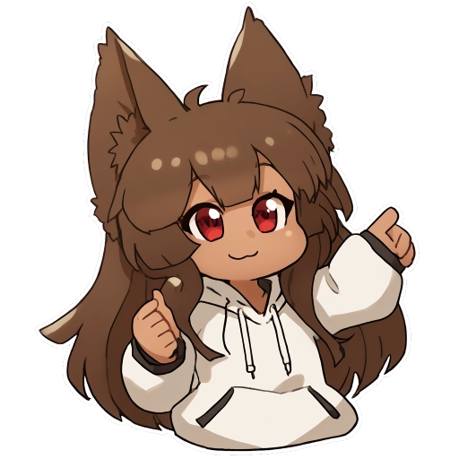 A smiling chibi dark-skinned anthro jackal with brown hair and tall ears looking victorious with a thumbs-up